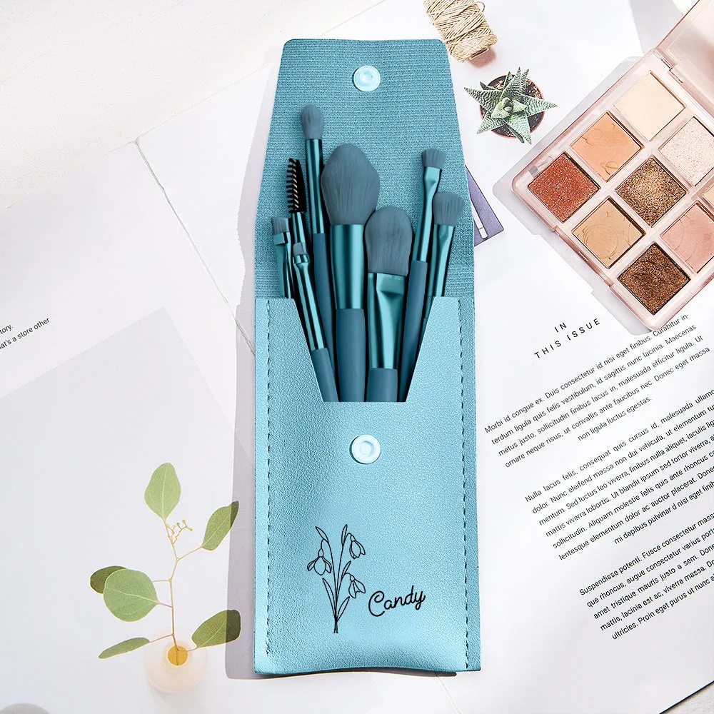 Personalized Birth Flower Leather Makeup Brush Bag with 8 Brushes