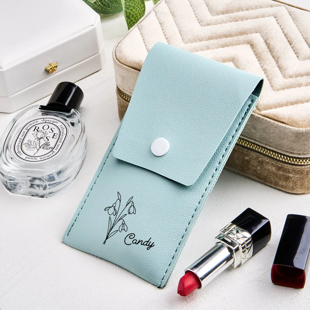 Personalized Birth Flower Leather Makeup Brush Bag with 8 Brushes