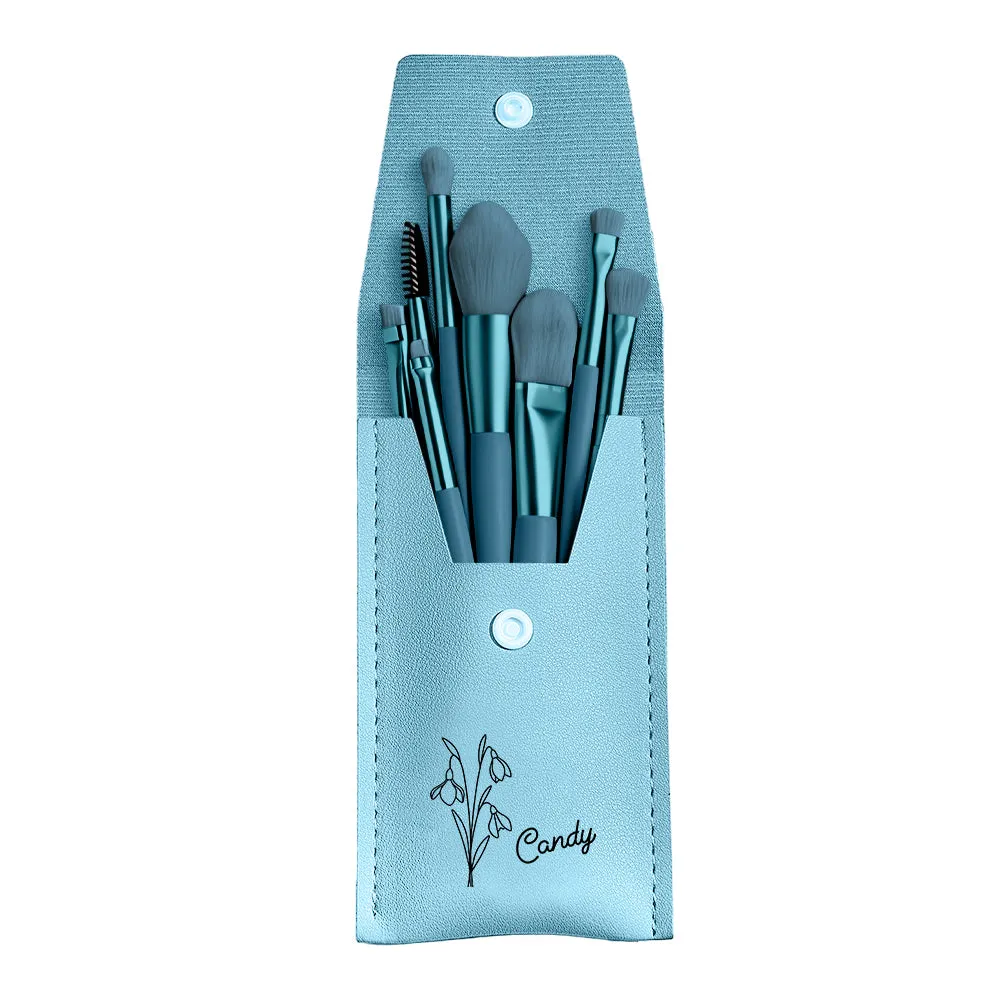 Personalized Birth Flower Leather Makeup Brush Bag with 8 Brushes