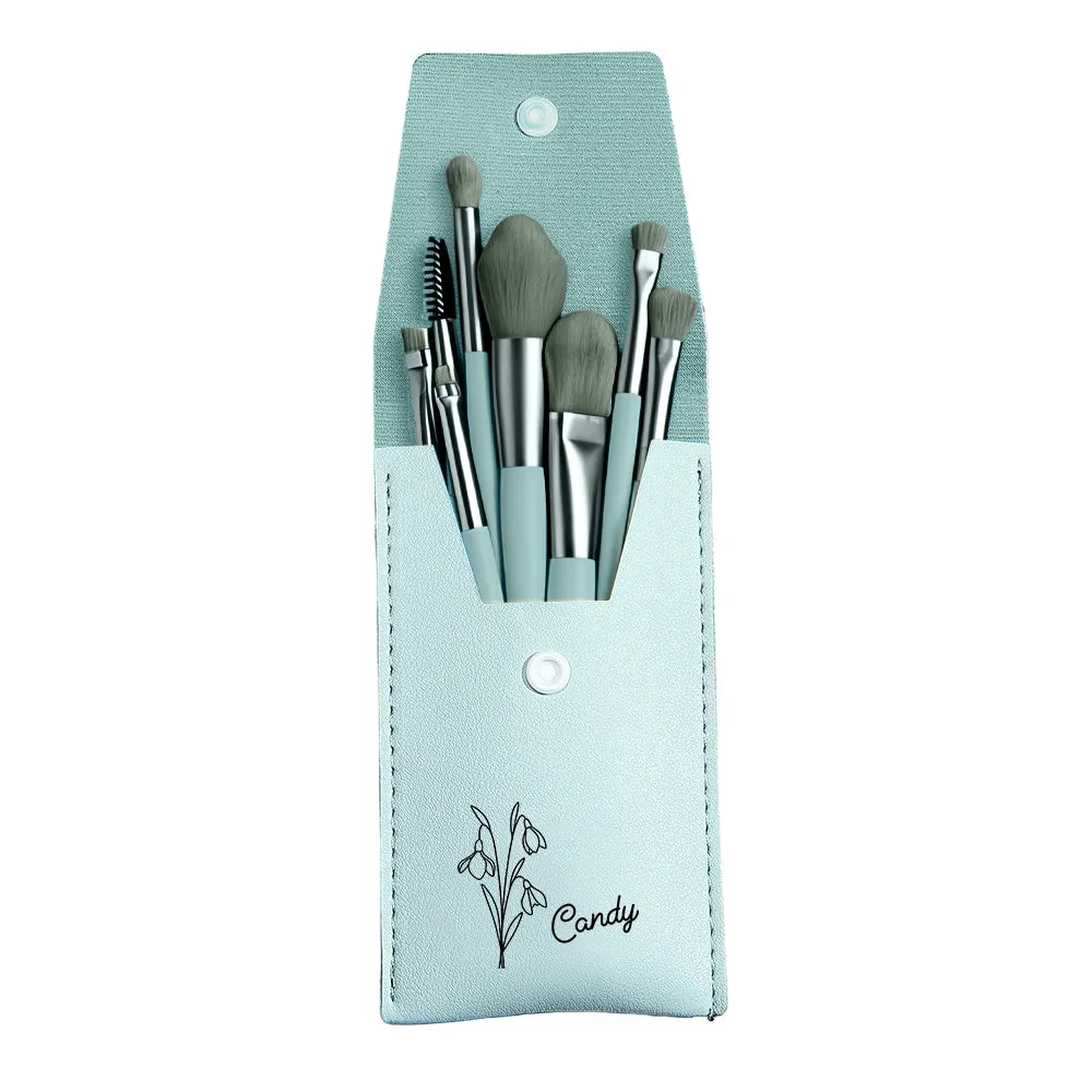 Personalized Birth Flower Leather Makeup Brush Bag with 8 Brushes