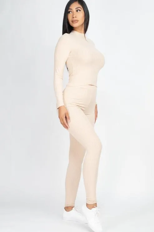 Ribbed Mock Neck Long Sleeve Top & Leggings Set