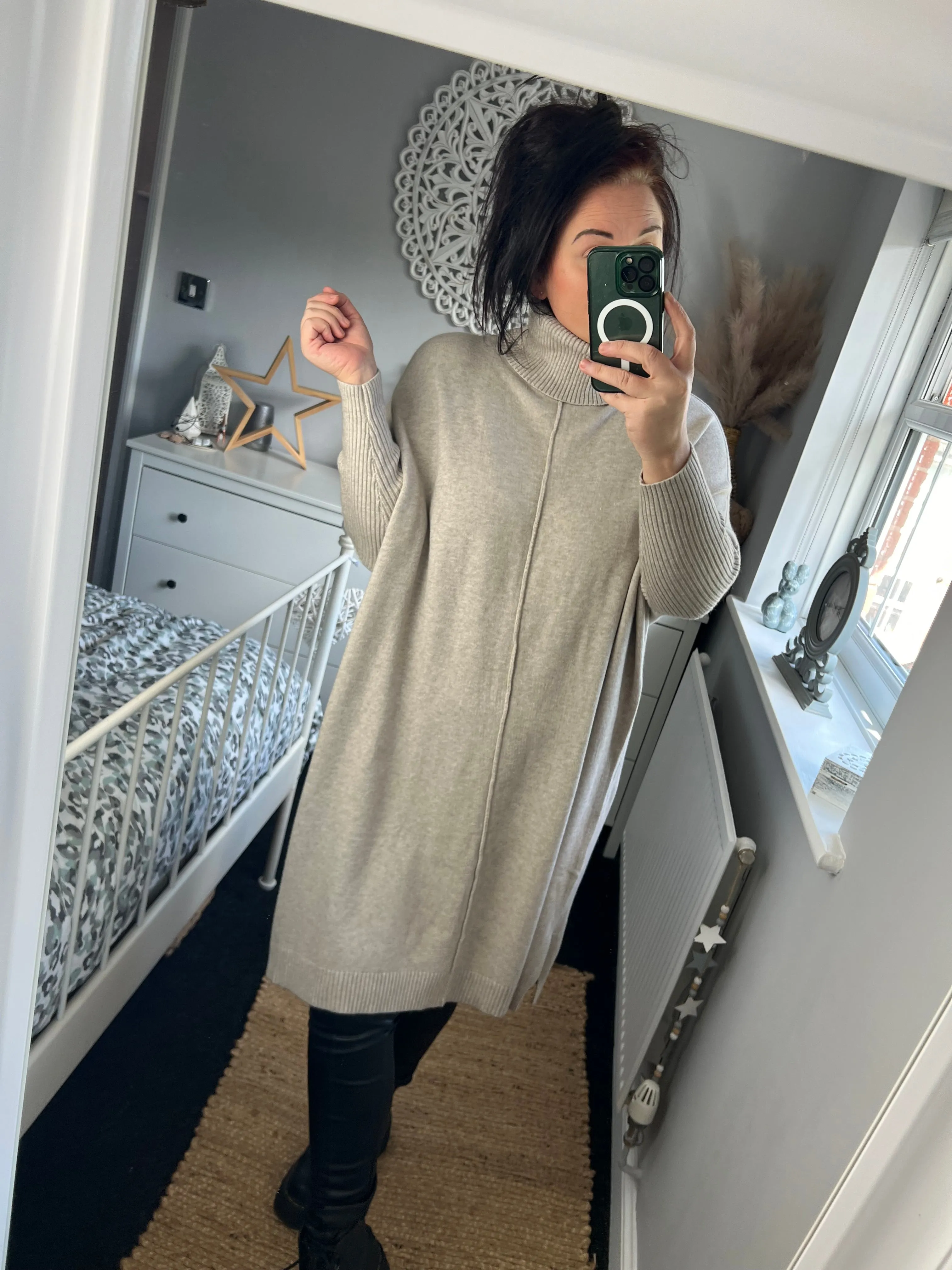 Roll Neck Jumper Dress - Oatmeal