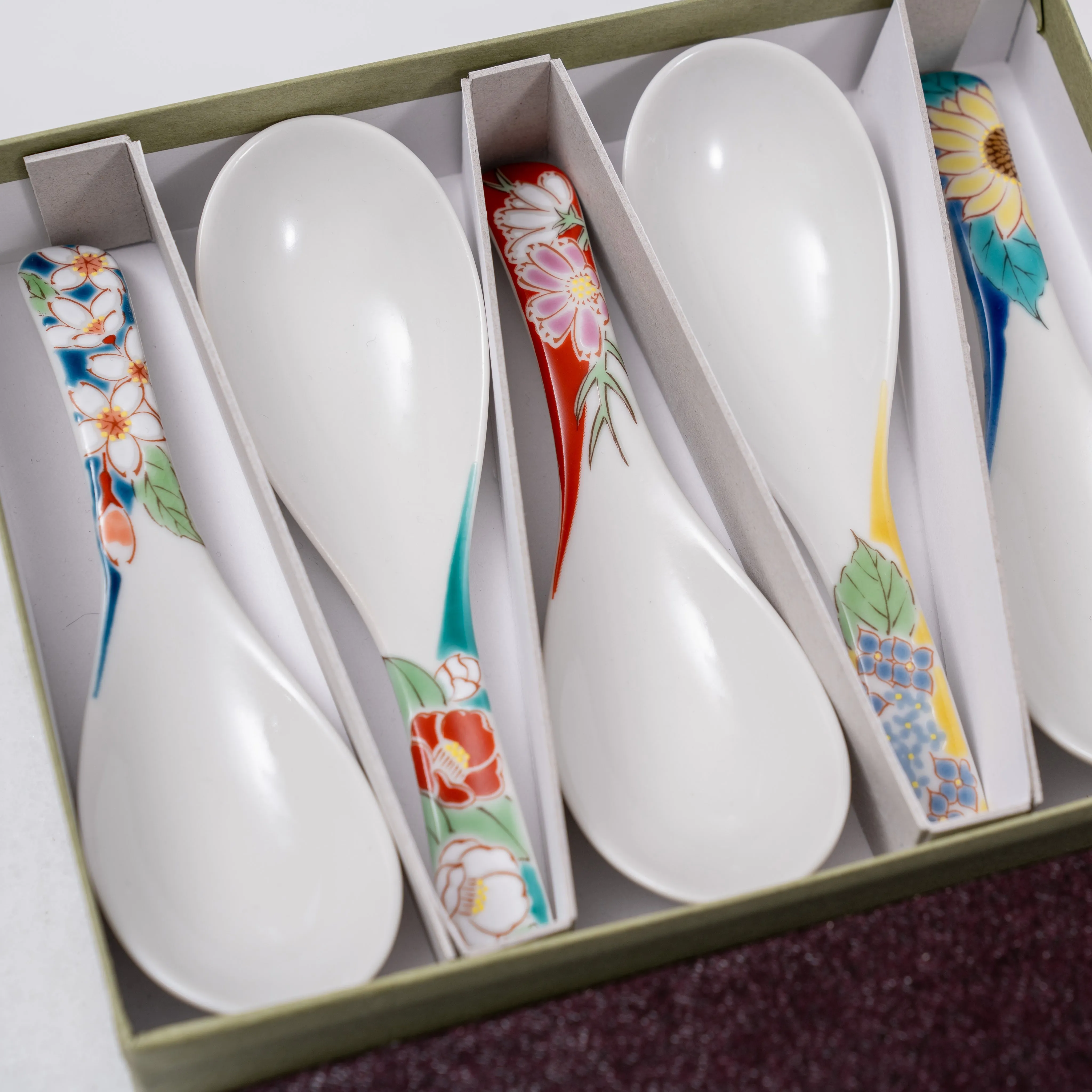 Set of 5pcs Handmade Kutani Ware Four Seasons Flower Spoon Gift Set 九谷青郊窯