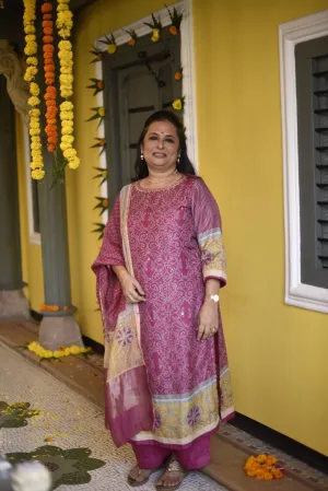 Sitara Pink Block Print Munga Silk Kurta Bottom Dupatta Set | Ray-ethnic