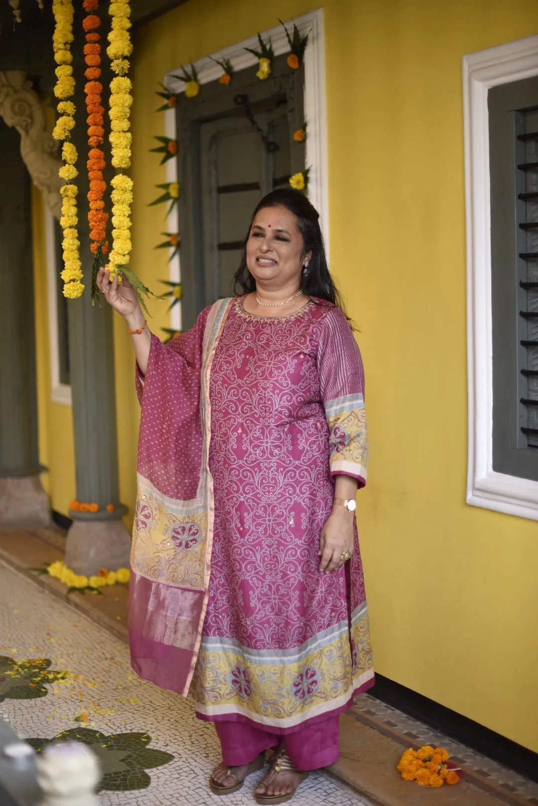 Sitara Pink Block Print Munga Silk Kurta Bottom Dupatta Set | Ray-ethnic