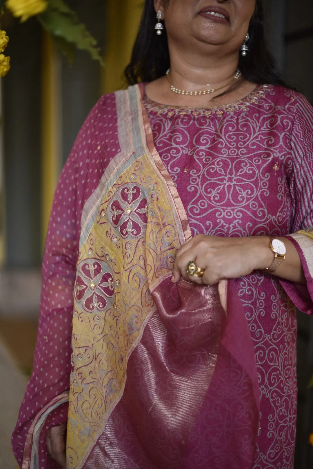 Sitara Pink Block Print Munga Silk Kurta Bottom Dupatta Set | Ray-ethnic