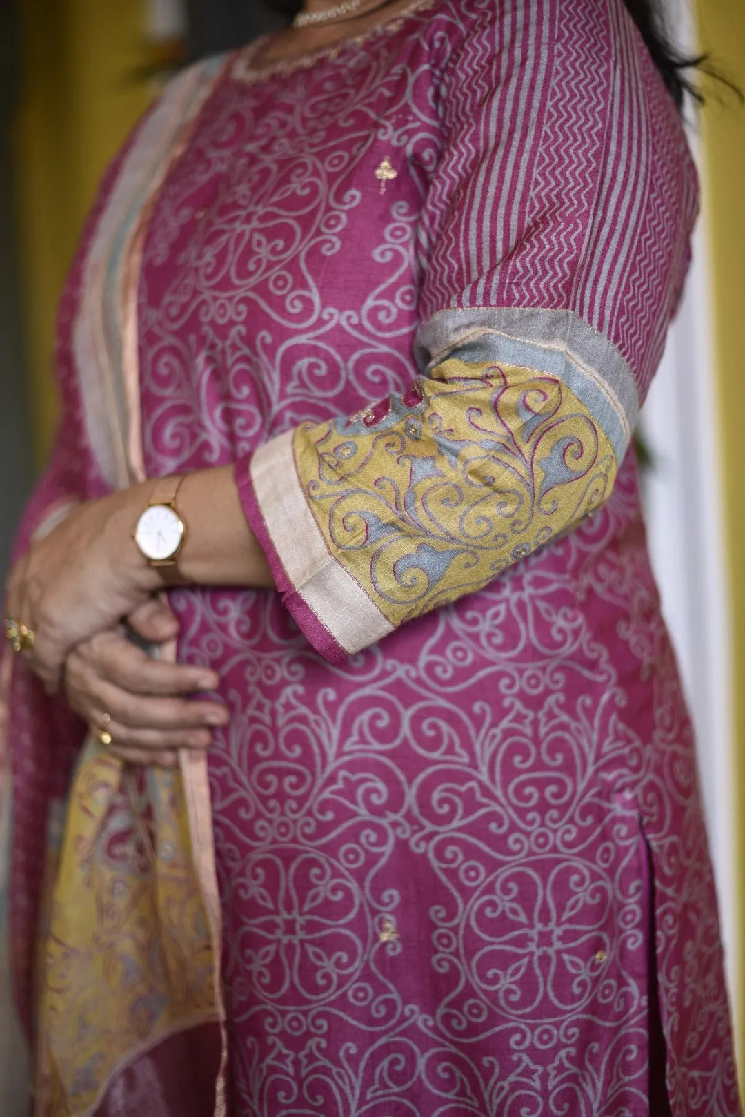 Sitara Pink Block Print Munga Silk Kurta Bottom Dupatta Set | Ray-ethnic