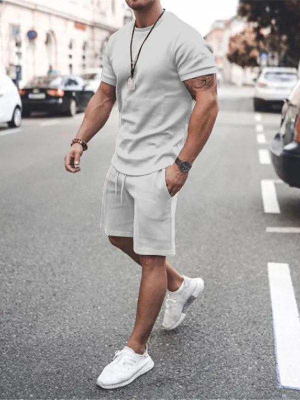 Solid Color Short Sleeve Top with Drawstring Shorts Two-Piece Men’s Set