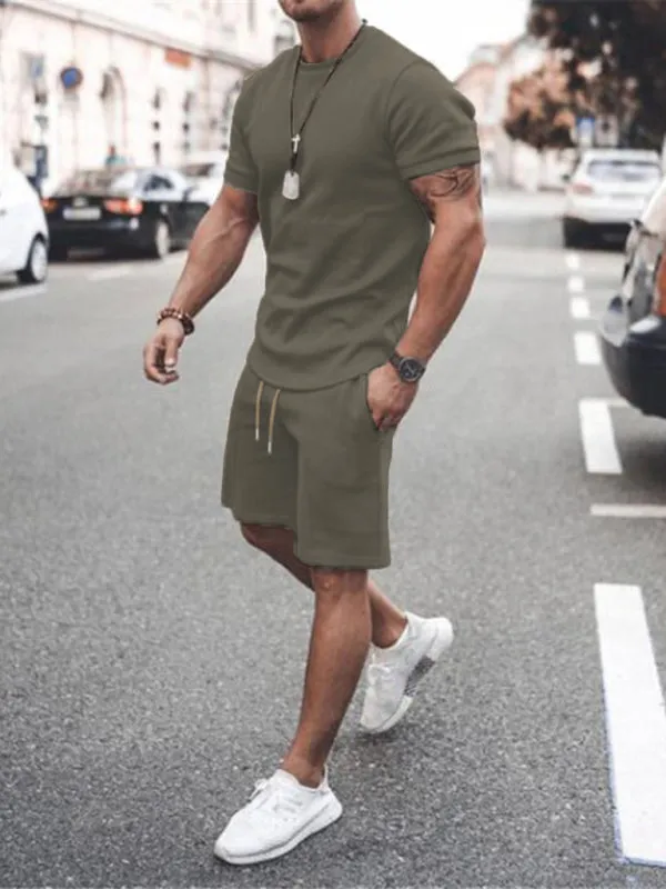 Solid Color Short Sleeve Top with Drawstring Shorts Two-Piece Men’s Set