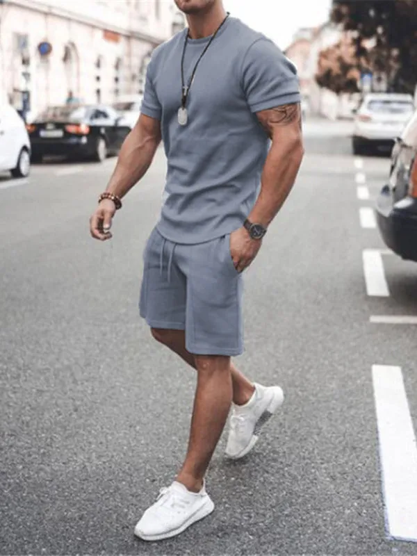 Solid Color Short Sleeve Top with Drawstring Shorts Two-Piece Men’s Set