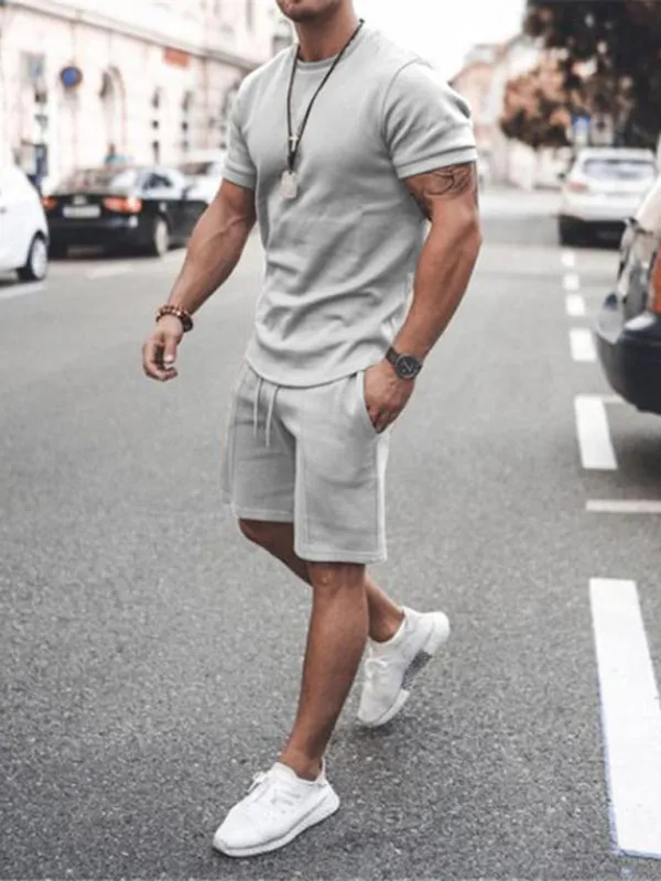Solid Color Short Sleeve Top with Drawstring Shorts Two-Piece Men’s Set