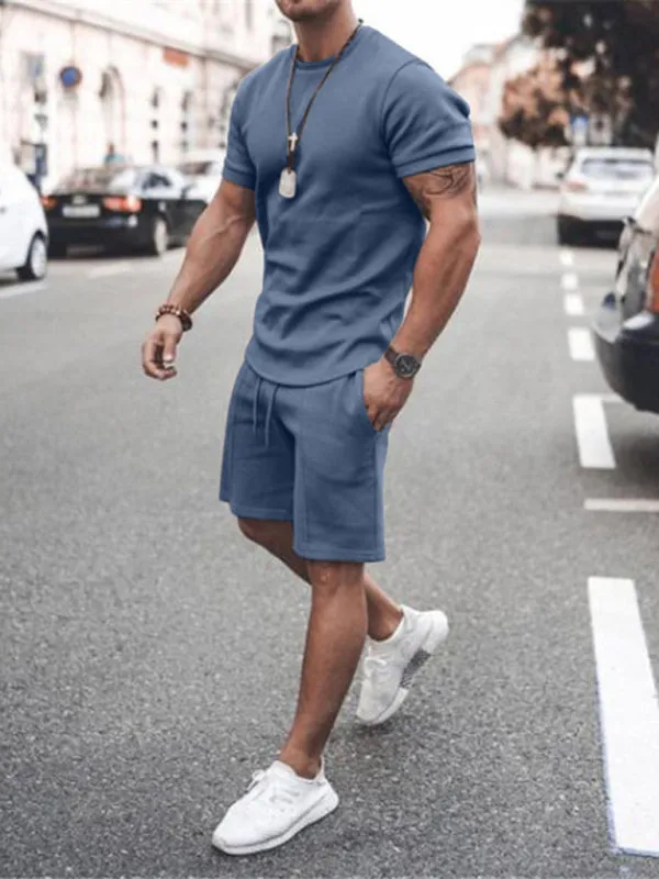 Solid Color Short Sleeve Top with Drawstring Shorts Two-Piece Men’s Set
