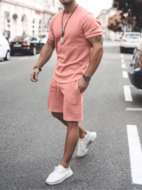 Solid Color Short Sleeve Top with Drawstring Shorts Two-Piece Men’s Set