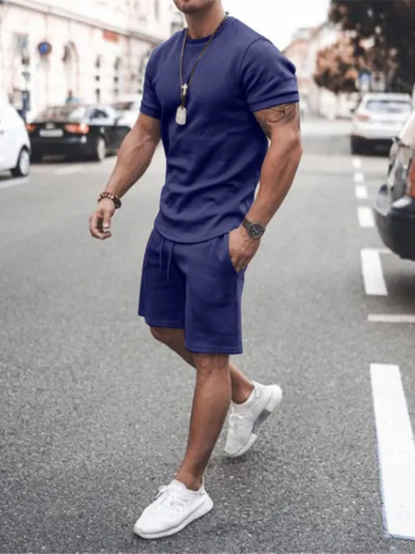 Solid Color Short Sleeve Top with Drawstring Shorts Two-Piece Men’s Set