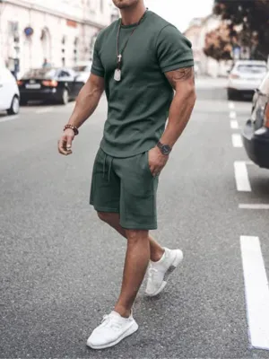 Solid Color Short Sleeve Top with Drawstring Shorts Two-Piece Men’s Set
