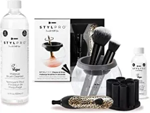 STYLPRO Cheetah Electric Makeup Brush Cleaner, Spinning Brush Dryer Machine Gift Set and 8 Brush Collars with Makeup Brush Cleanser for Non-Soluble Makeup, 500 ml (16.9 fl oz)…