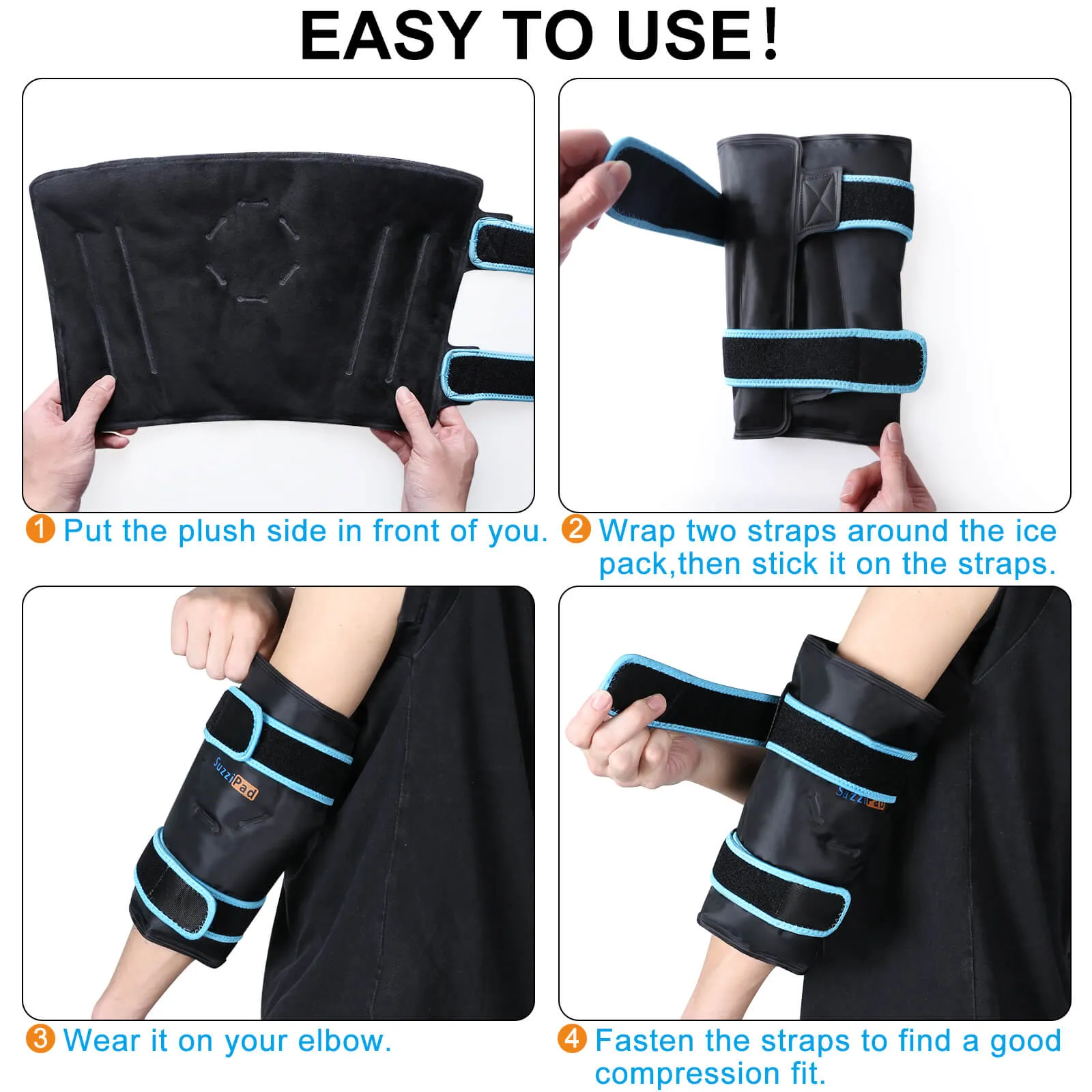 SuzziPad Elbow Ice Pack for Injuries with Double-Sided Fabric Cover, Wearable Ice Elbow Wrap with Cold Compress, Pain Relief for Forearm, Tennis Elbow, Golfers Elbow, Bursitis and Sport Injuries
