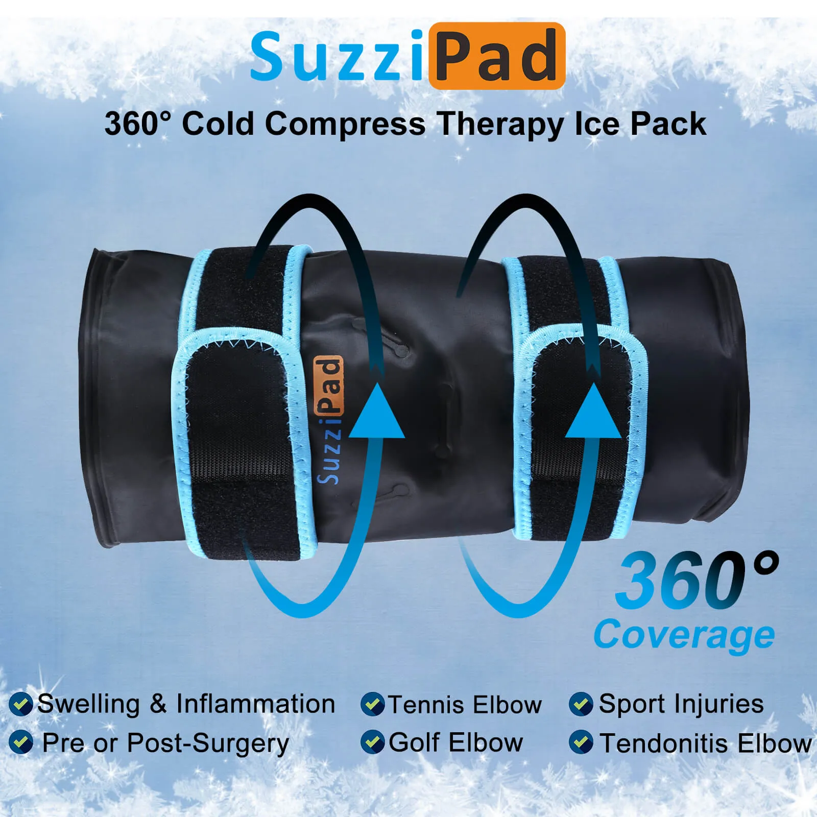 SuzziPad Elbow Ice Pack for Injuries with Double-Sided Fabric Cover, Wearable Ice Elbow Wrap with Cold Compress, Pain Relief for Forearm, Tennis Elbow, Golfers Elbow, Bursitis and Sport Injuries