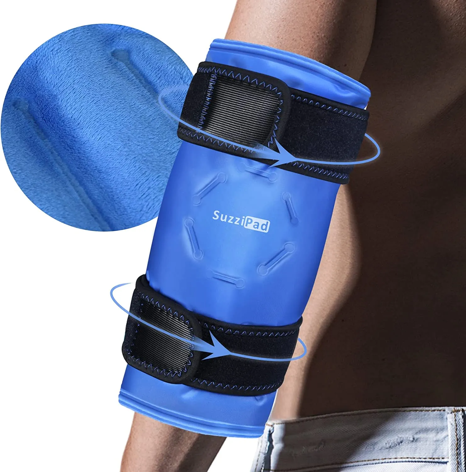 SuzziPad Elbow Ice Pack for Injuries with Double-Sided Fabric Cover, Wearable Ice Elbow Wrap with Cold Compress, Pain Relief for Forearm, Tennis Elbow, Golfers Elbow, Bursitis and Sport Injuries