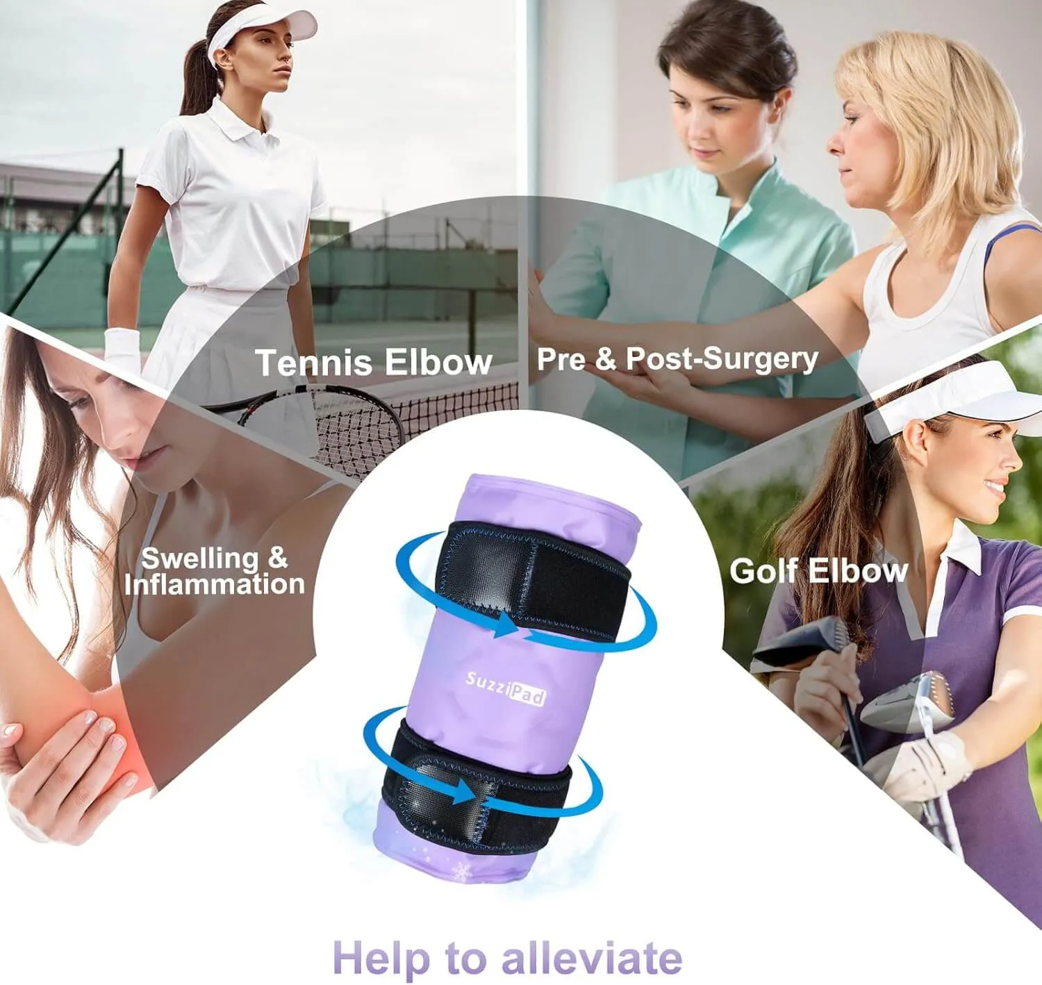 SuzziPad Elbow Ice Pack for Injuries with Double-Sided Fabric Cover, Wearable Ice Elbow Wrap with Cold Compress, Pain Relief for Forearm, Tennis Elbow, Golfers Elbow, Bursitis and Sport Injuries