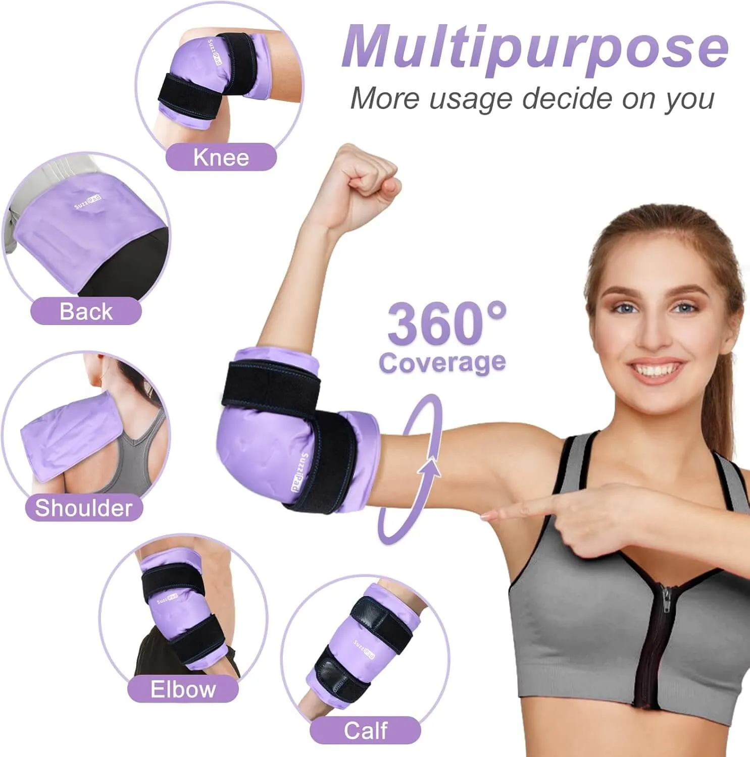 SuzziPad Elbow Ice Pack for Injuries with Double-Sided Fabric Cover, Wearable Ice Elbow Wrap with Cold Compress, Pain Relief for Forearm, Tennis Elbow, Golfers Elbow, Bursitis and Sport Injuries