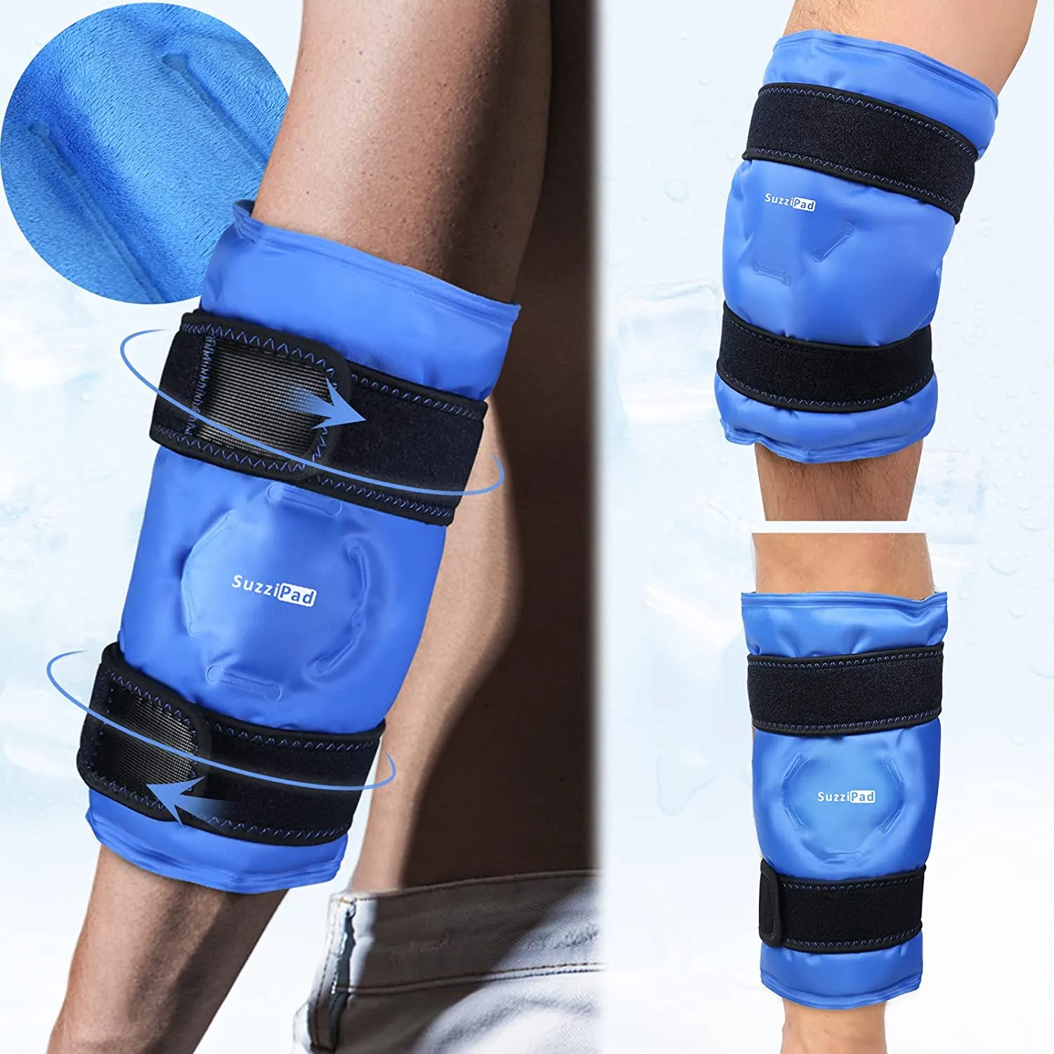 SuzziPad Elbow Ice Pack for Injuries with Double-Sided Fabric Cover, Wearable Ice Elbow Wrap with Cold Compress, Pain Relief for Forearm, Tennis Elbow, Golfers Elbow, Bursitis and Sport Injuries