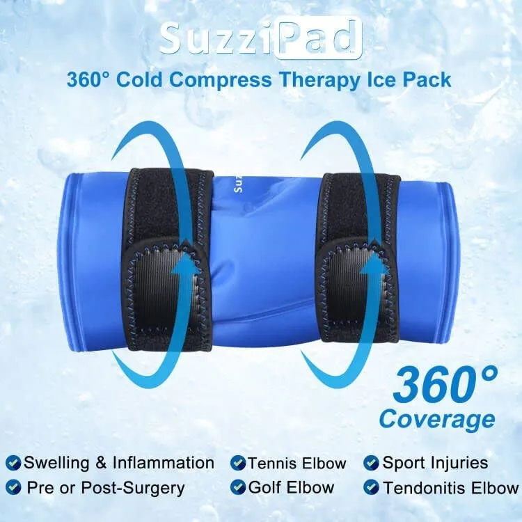 SuzziPad Elbow Ice Pack for Injuries with Double-Sided Fabric Cover, Wearable Ice Elbow Wrap with Cold Compress, Pain Relief for Forearm, Tennis Elbow, Golfers Elbow, Bursitis and Sport Injuries