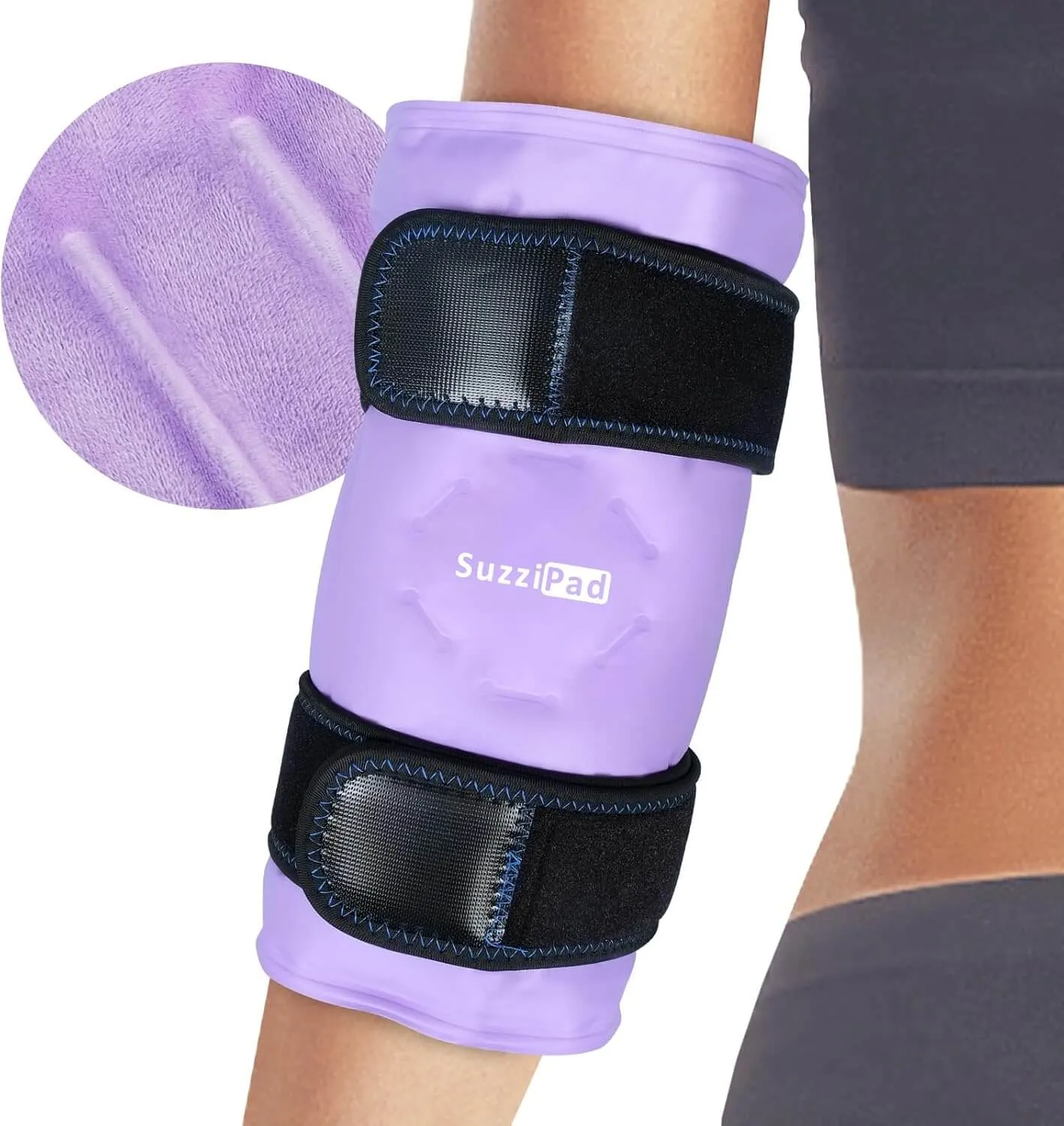 SuzziPad Elbow Ice Pack for Injuries with Double-Sided Fabric Cover, Wearable Ice Elbow Wrap with Cold Compress, Pain Relief for Forearm, Tennis Elbow, Golfers Elbow, Bursitis and Sport Injuries