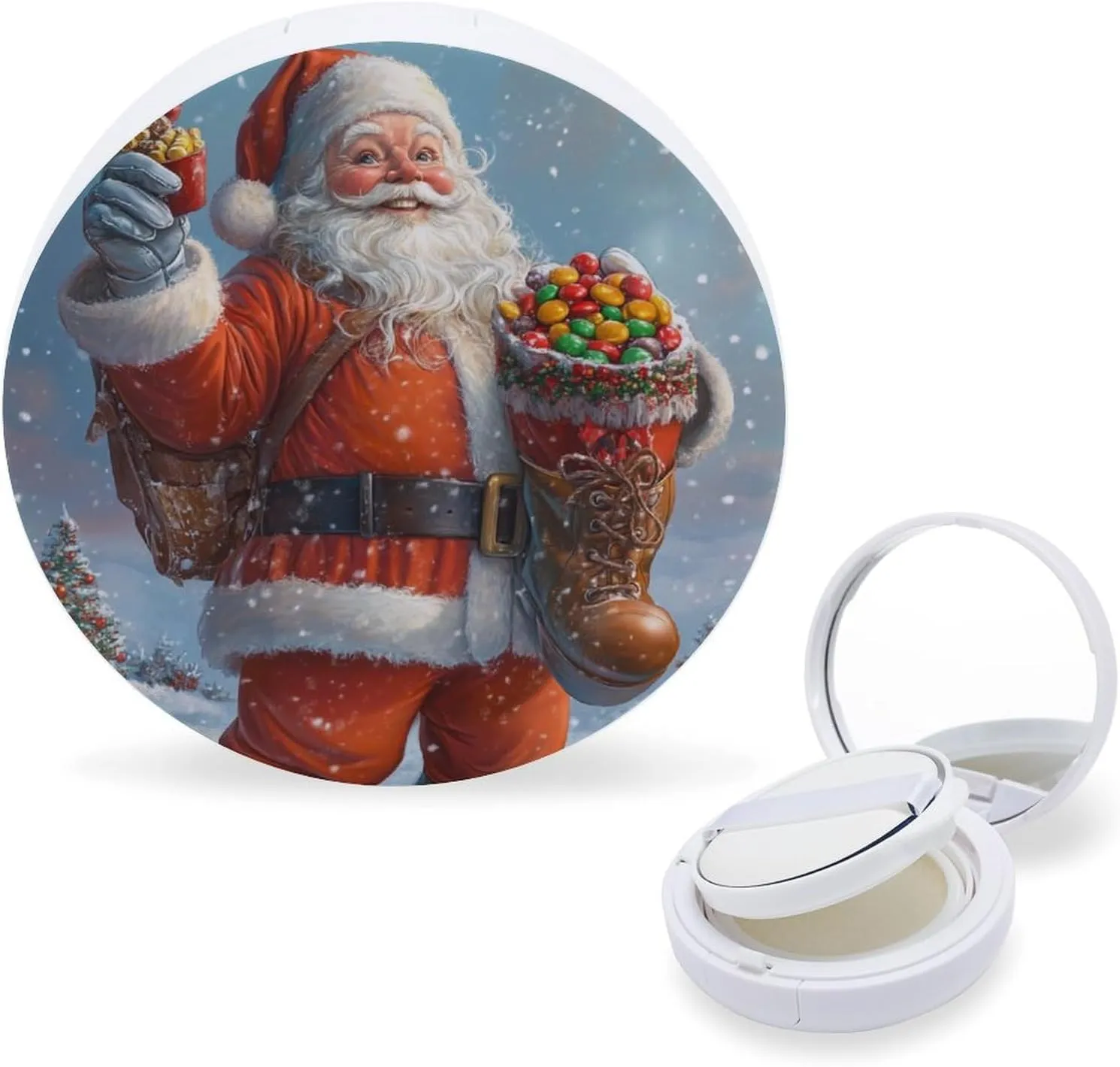 Sweets in His Hand Air Cushion Puff Box Portable Cosmetic Makeup Case Container,Santa Claus Loose Powder Foundation Container Suitable for BB Cream