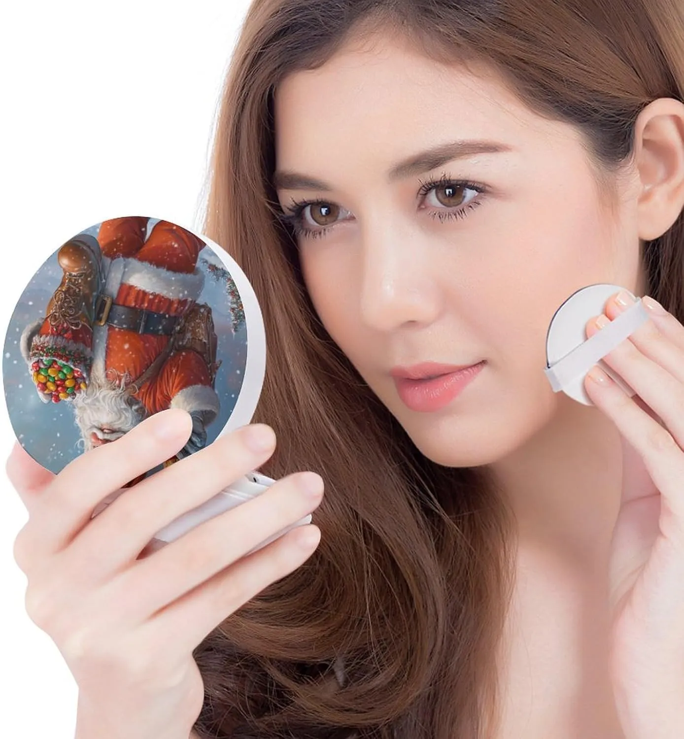 Sweets in His Hand Air Cushion Puff Box Portable Cosmetic Makeup Case Container,Santa Claus Loose Powder Foundation Container Suitable for BB Cream