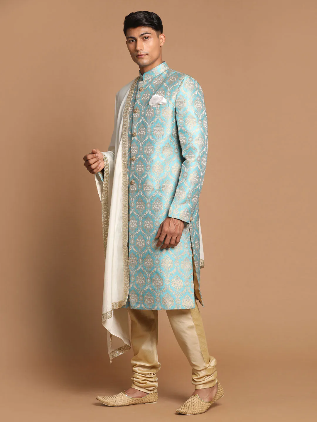 Vastramay Green & Gold Brocade Sherwani Set