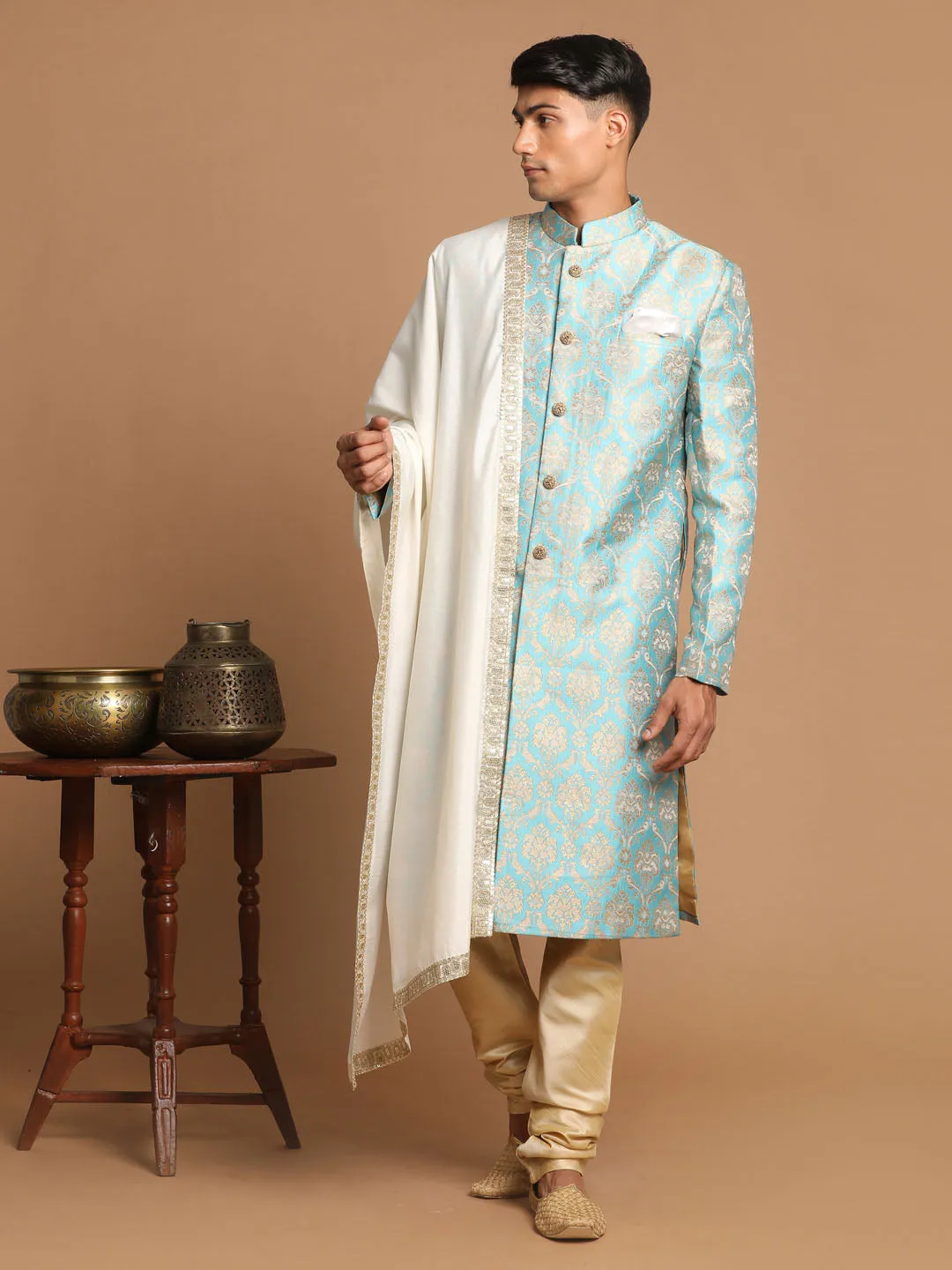 Vastramay Green & Gold Brocade Sherwani Set