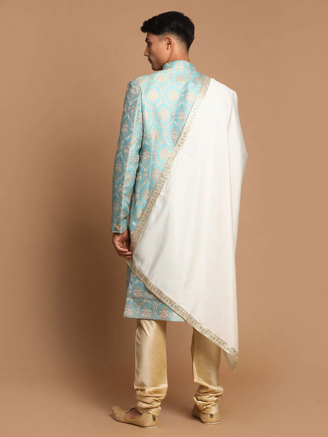 Vastramay Green & Gold Brocade Sherwani Set