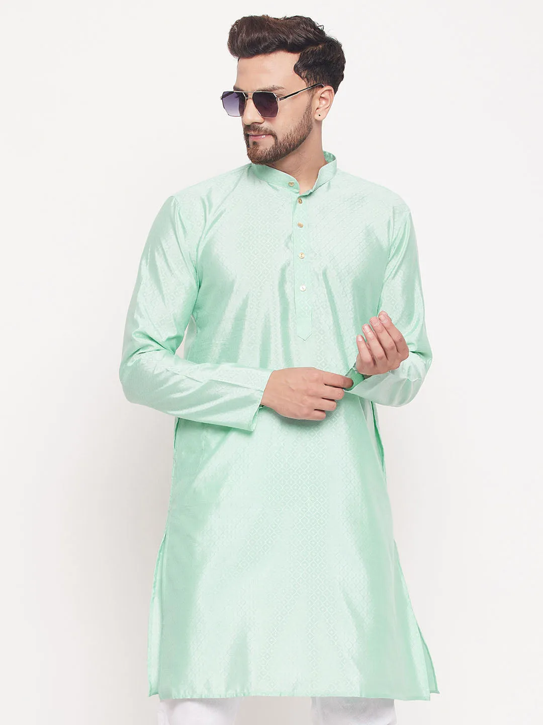 VASTRAMAY Men's Aqua Blue Silk Blend Kurta