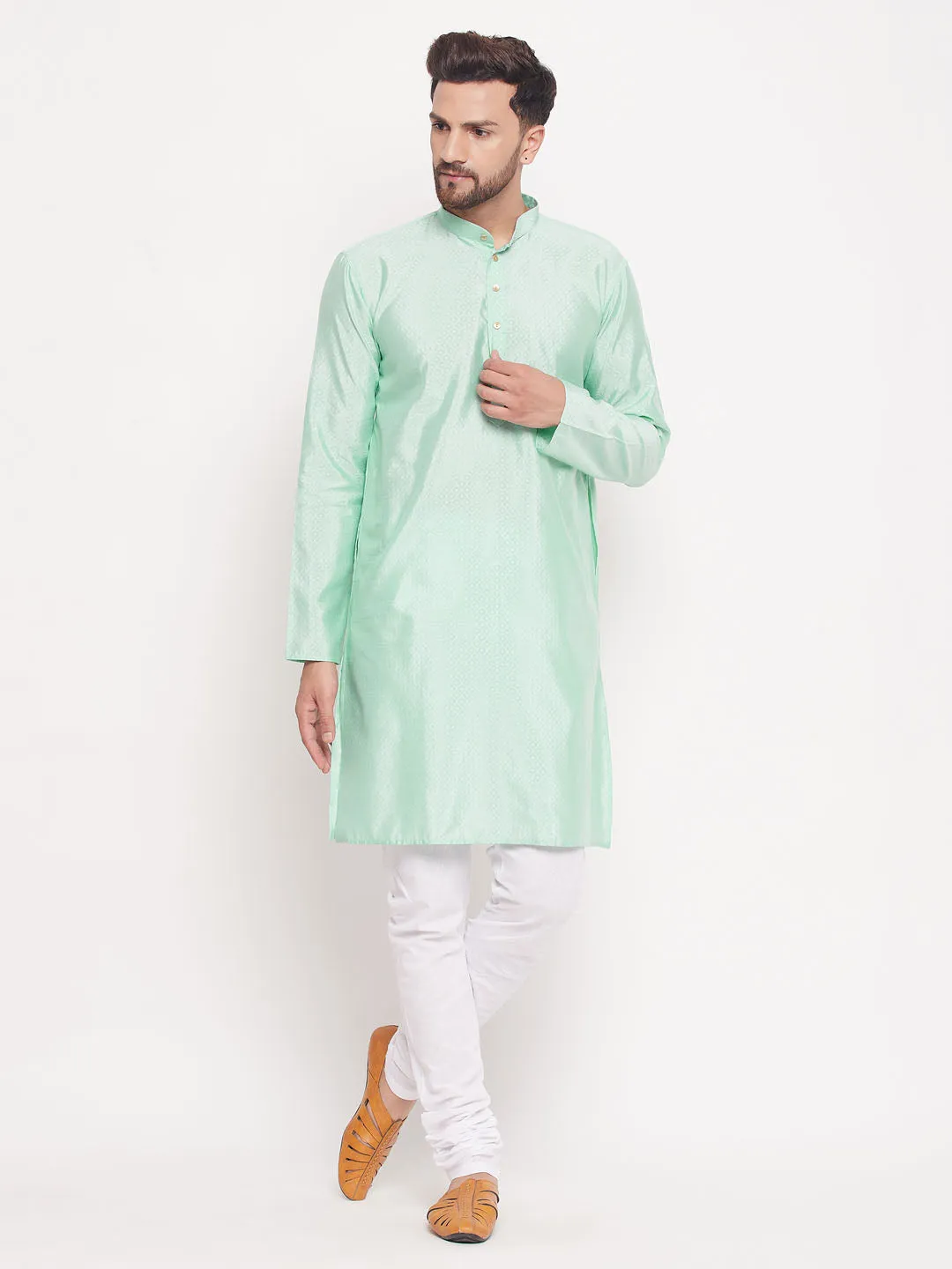 VASTRAMAY Men's Aqua Blue Silk Blend Kurta