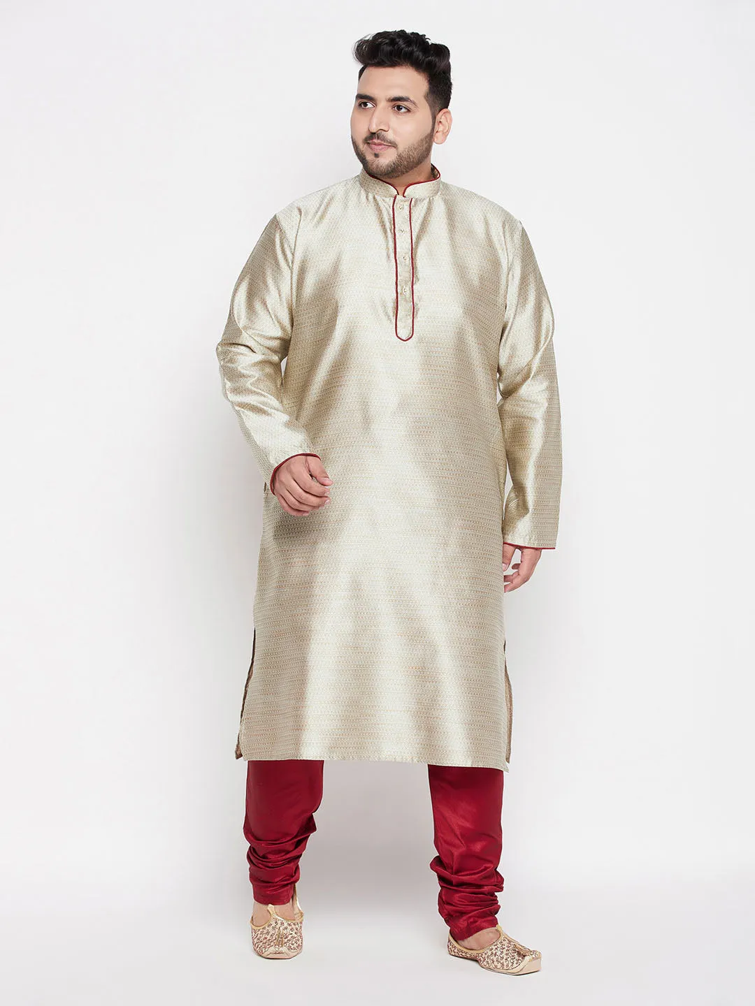 VASTRAMAY Men's Beige Kurta and Maroon Pyjama