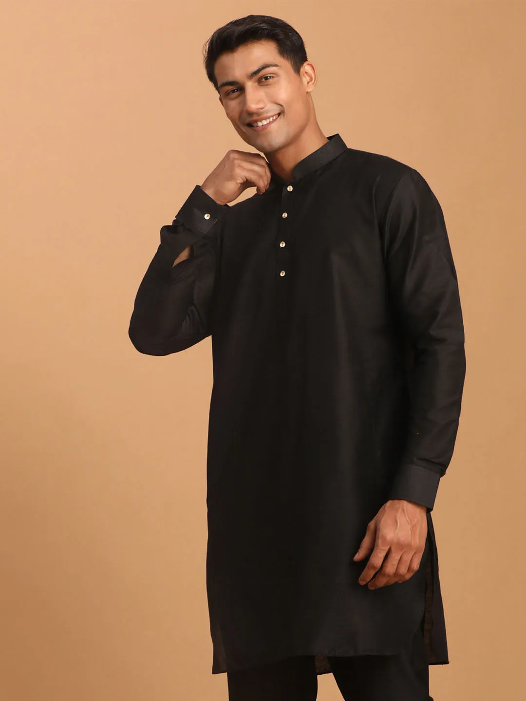 VASTRAMAY Men's Black Silk Blend Curved Hem Kurta