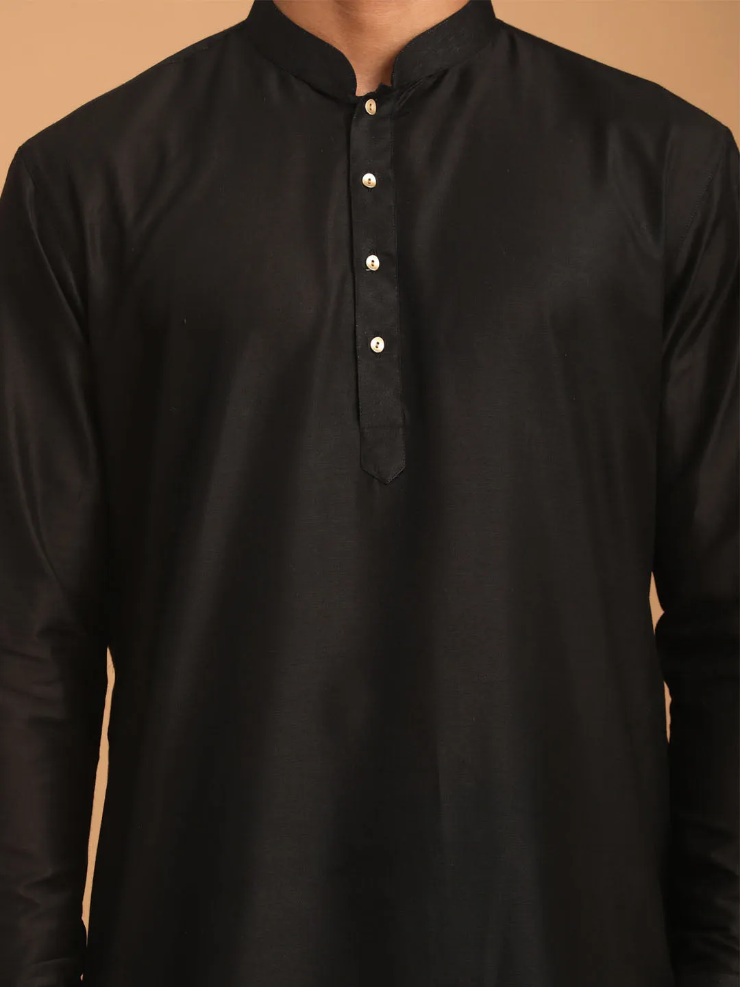 VASTRAMAY Men's Black Silk Blend Curved Hem Kurta
