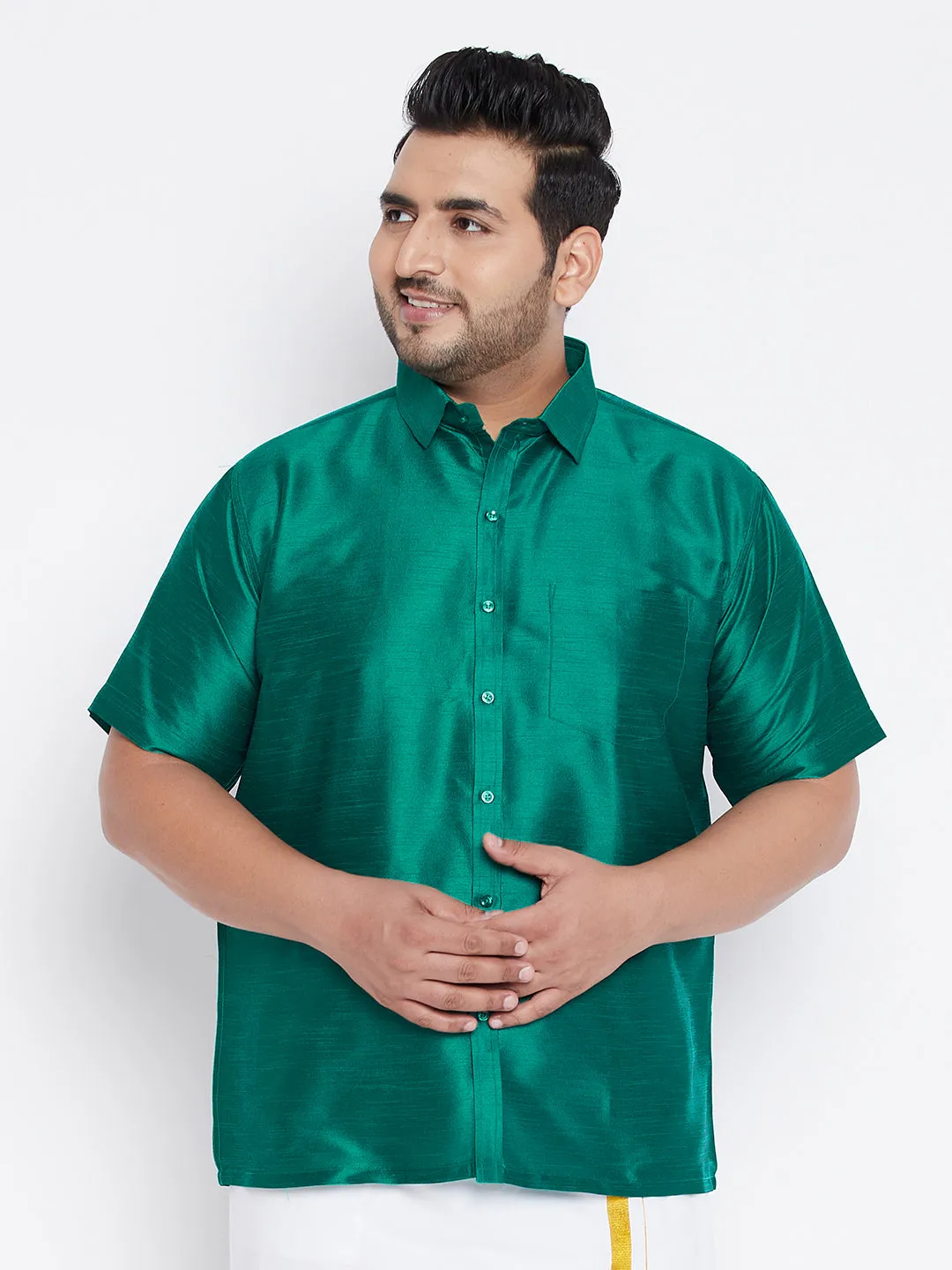 VASTRAMAY Men's Green Silk Ethnic Shirt