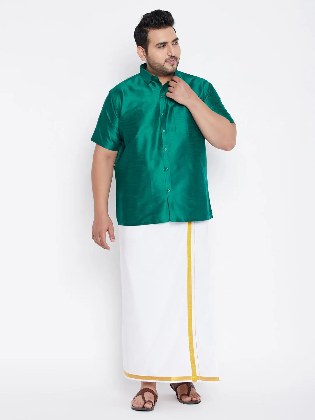 VASTRAMAY Men's Green Silk Ethnic Shirt