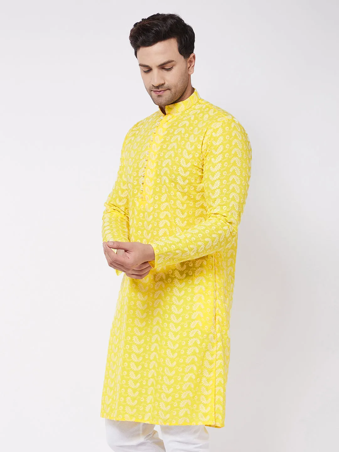 VASTRAMAY Men's Mustard Pure Cotton Chikankari Kurta