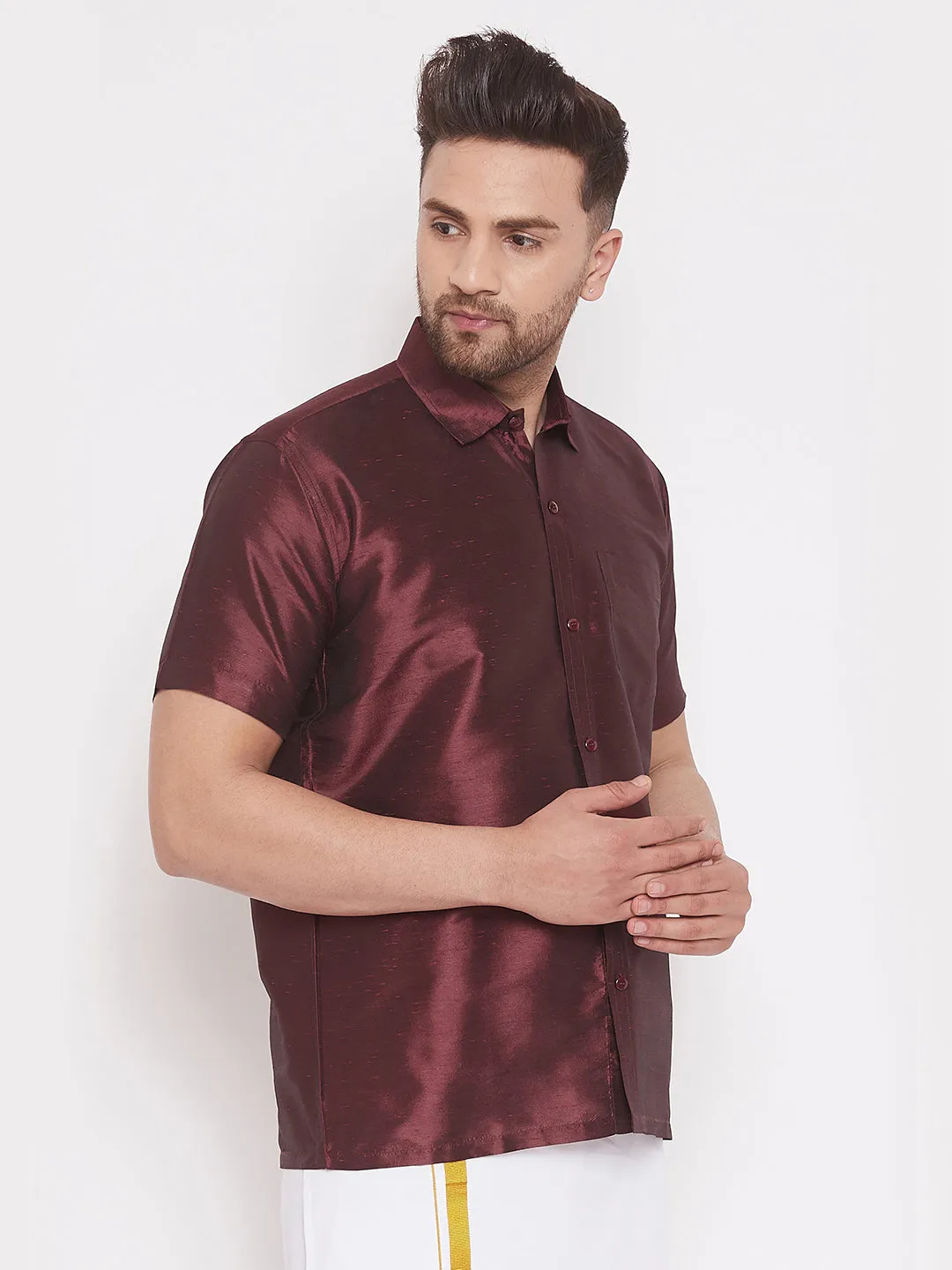 VASTRAMAY Men's Wine Silk Shirt