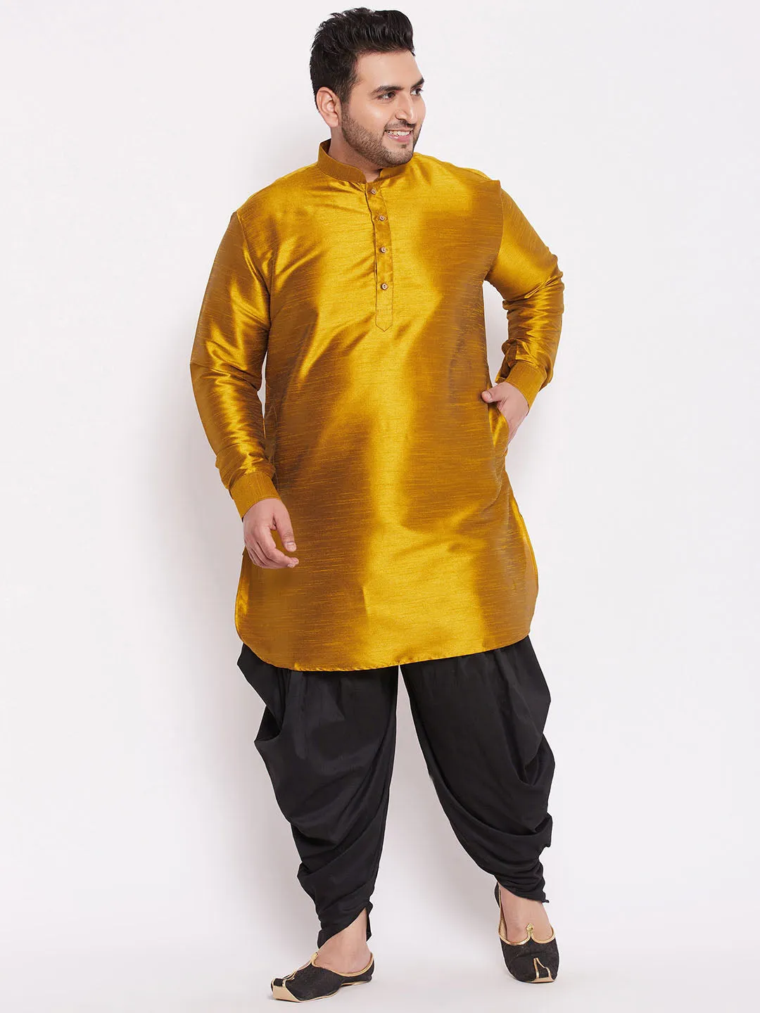 VASTRAMAY Mustard Silk Blend Curved Kurta