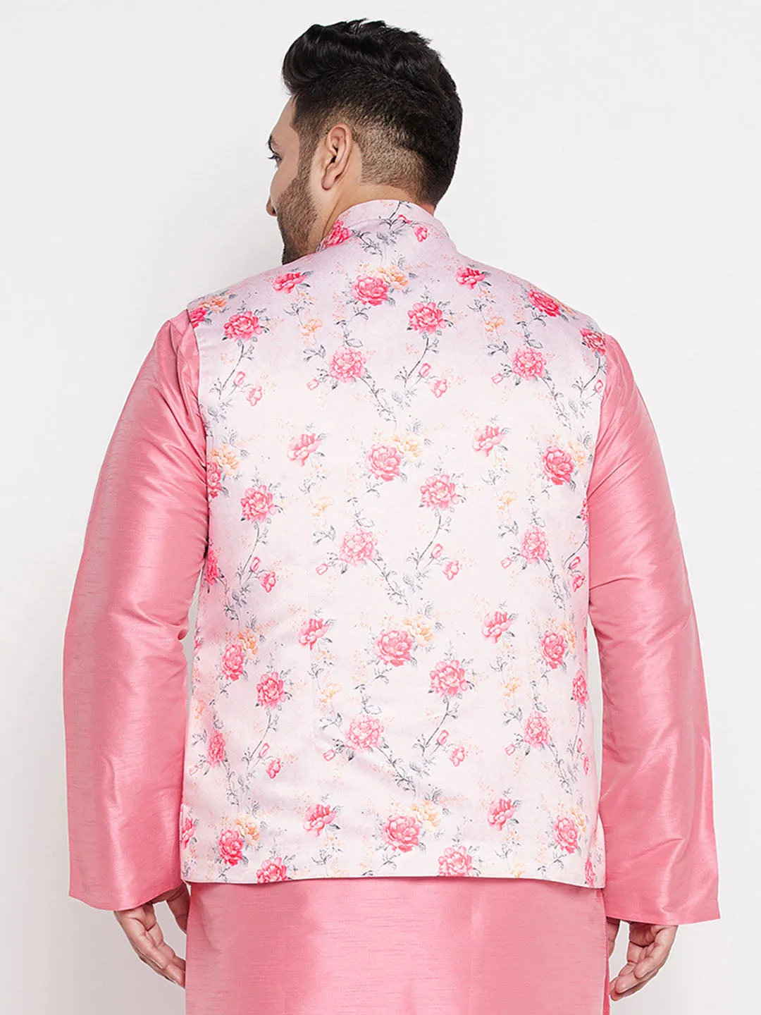 VASTRAMAY Peach Floral Nehru Jacket Silk Blend