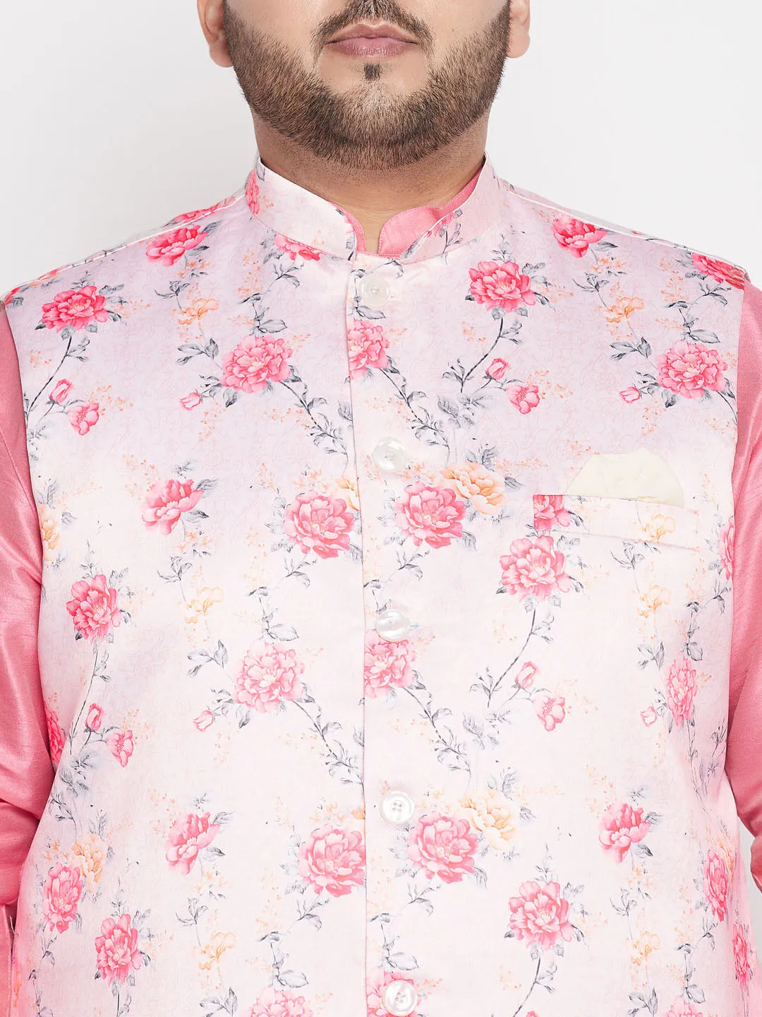 VASTRAMAY Peach Floral Nehru Jacket Silk Blend