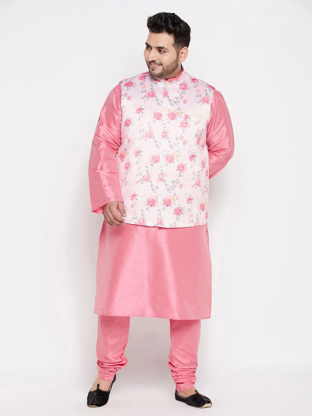 VASTRAMAY Peach Floral Nehru Jacket Silk Blend
