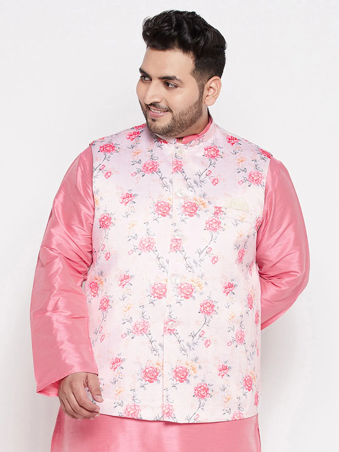 VASTRAMAY Peach Floral Nehru Jacket Silk Blend