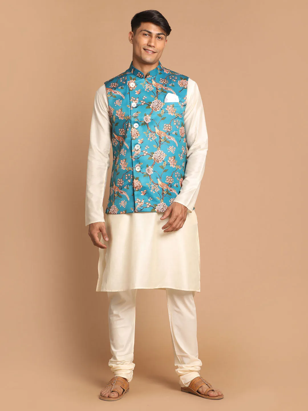VASTRAMAY Turquoise Digital Printed Nehru Jacket