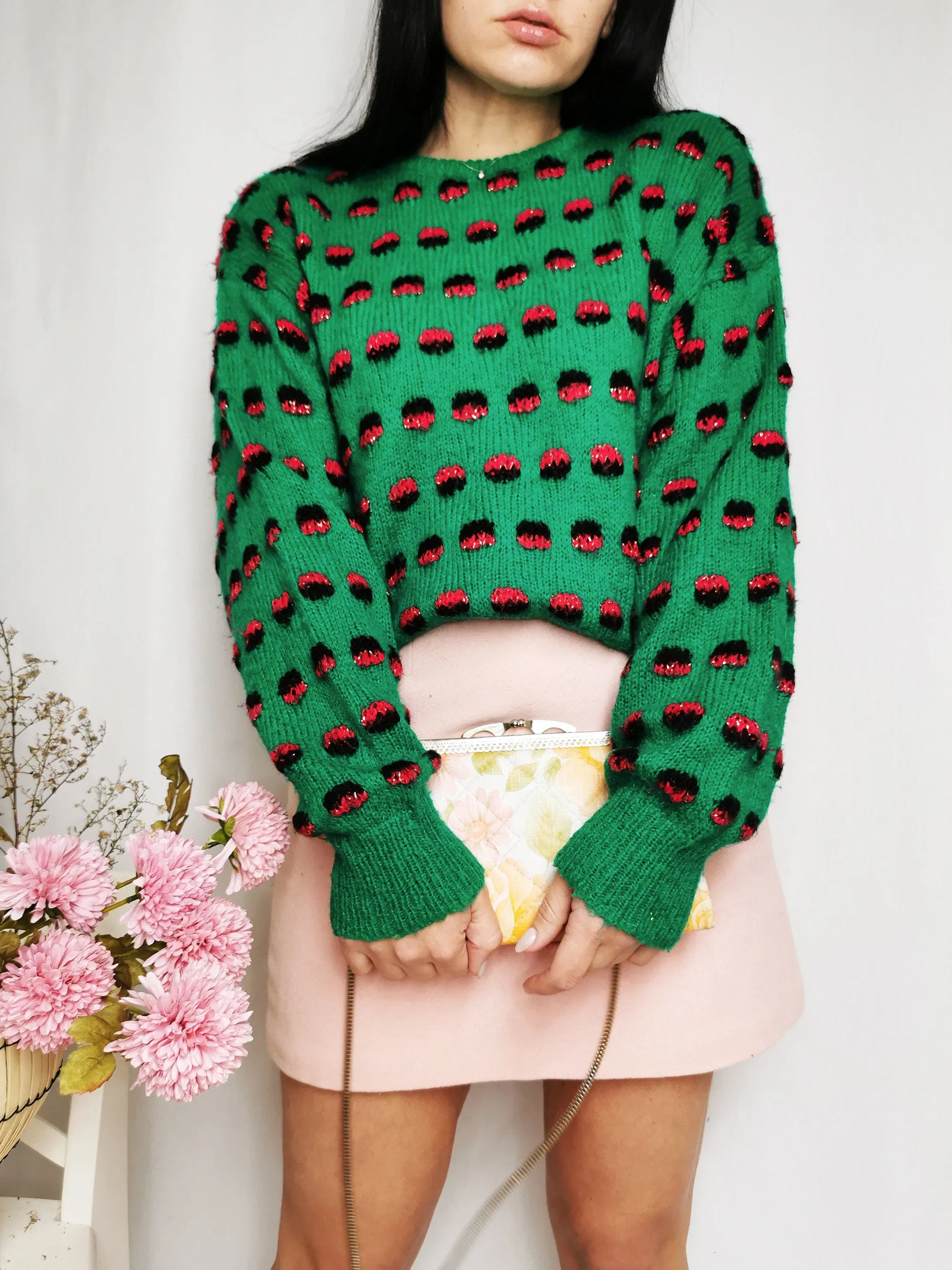 Vintage 90s green minimalist patterned crew neck jumper