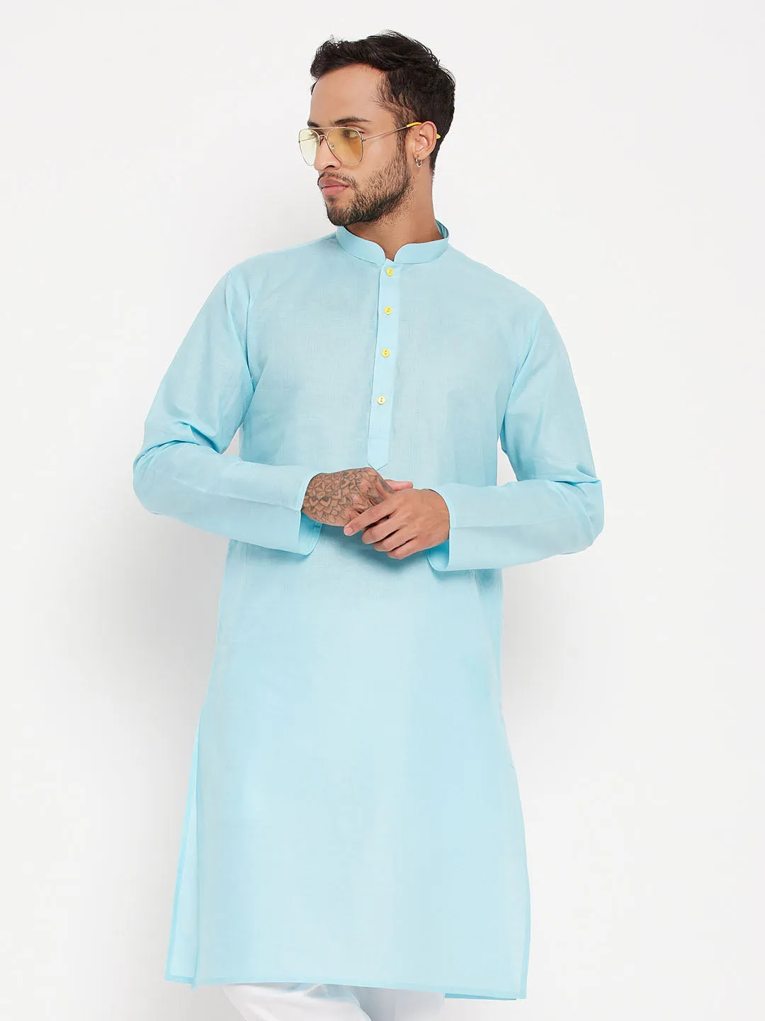 VM BY VASTRAMAY Men's Aqua Cotton Kurta